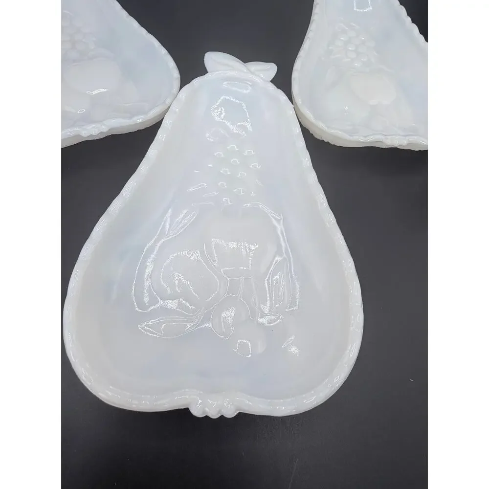 Vintage Hazel Atlas Blossom Milk Glass Pear Relish Dishes Set of 3 8in